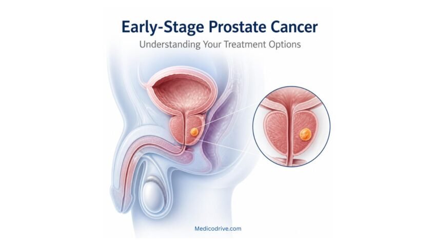 Medical illustration showing early-stage prostate cancer confined to the prostate gland